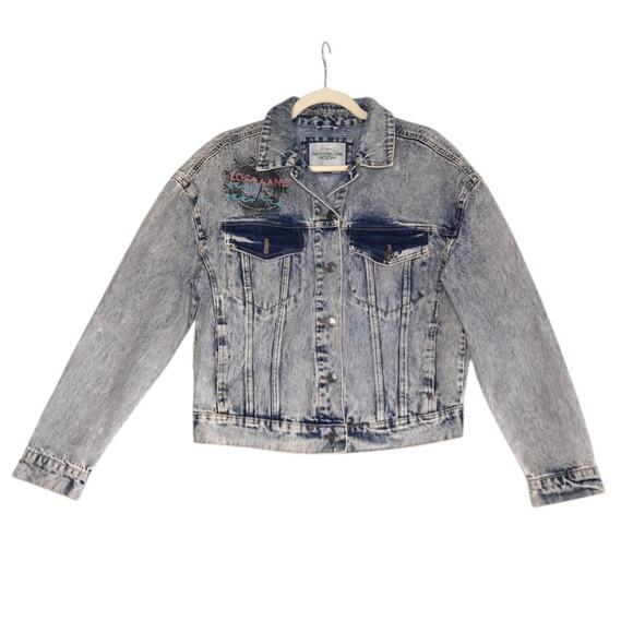 ASHLEY VINTAGE CHARM Trucker Painted Denim Jacket Sz M Acid Wash Cowgirl Biker - Picture 2 of 13